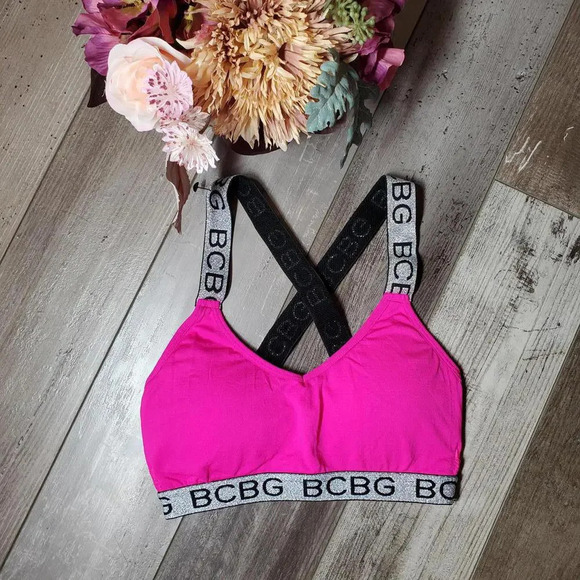 BCBG Hot Pink Sports Bra Size Small Wide Shimmery Straps - Picture 1 of 8